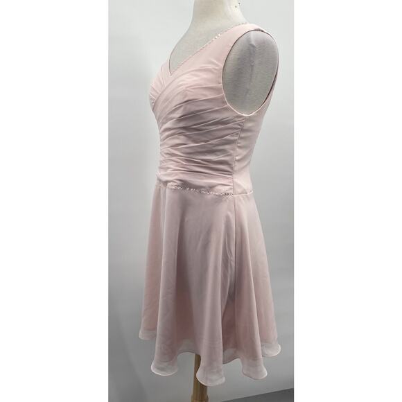 JJs House Chiffon Mini Dress Fit & Flare Pleated Bodice Vneck Blush Pink NEW 8 - Picture 6 of 13